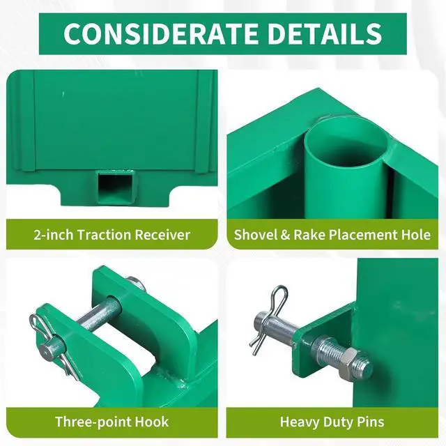 Alt view image 6 of 7 - Patikuin Tractor Ballast Box with 800 Lbs Load Capacity, Category 1 Three Point Hitch, 5 Cu.ft Heavy Duty Steel Rear Counterweight with 2" Receiver, Green