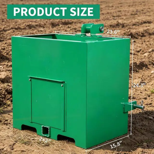 Alt view image 7 of 7 - Patikuin Tractor Ballast Box with 800 Lbs Load Capacity, Category 1 Three Point Hitch, 5 Cu.ft Heavy Duty Steel Rear Counterweight with 2" Receiver, Green