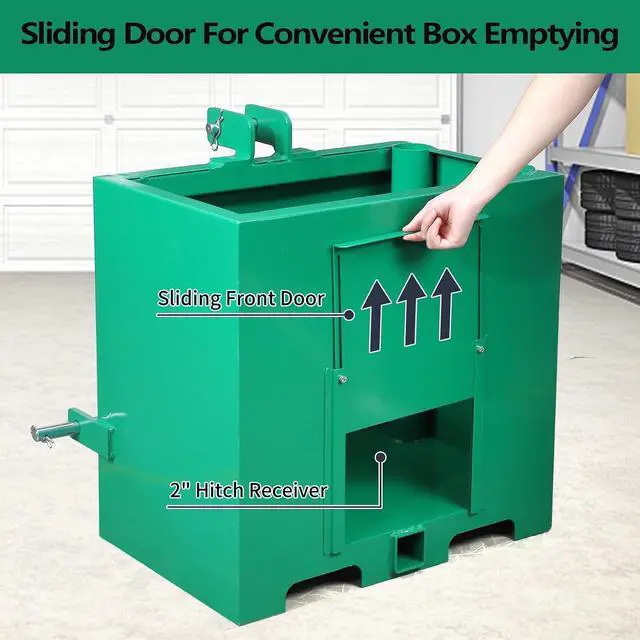 Alt view image 3 of 7 - Patikuin Heavy-Duty 3 Point Ballast Box for Category 1 Tractors, 800 Lbs Capacity, 5 Cu.ft Steel Loader Attachment with Sliding Door, Green