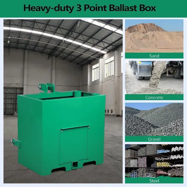 Alt view image 2 of 7 - Patikuin Heavy-Duty 3 Point Ballast Box for Category 1 Tractors, 800 Lbs Capacity, 5 Cu.ft Steel Loader Attachment with Sliding Door, Green