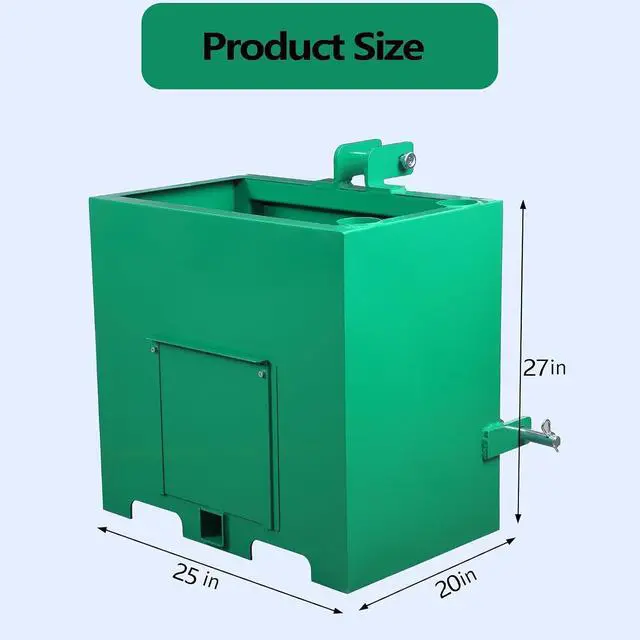 Alt view image 6 of 7 - Patikuin Heavy-Duty 3 Point Ballast Box for Category 1 Tractors, 800 Lbs Capacity, 5 Cu.ft Steel Loader Attachment with Sliding Door, Green