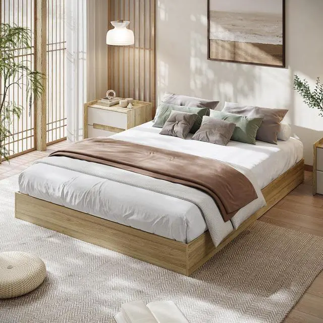 Main image of Patikuin Queen Size Wood Platform Bed Frame, Low Profile Floor Bed Frame with Wooden Slat Support, Minimalist Flat Bed Box Foundation, Noise-Free & Easy Assembly