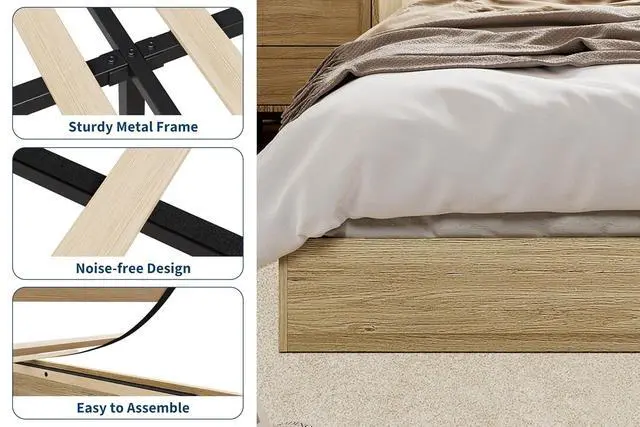 Alt view image 3 of 7 - Patikuin Queen Size Wood Platform Bed Frame, Low Profile Floor Bed Frame with Wooden Slat Support, Minimalist Flat Bed Box Foundation, Noise-Free & Easy Assembly