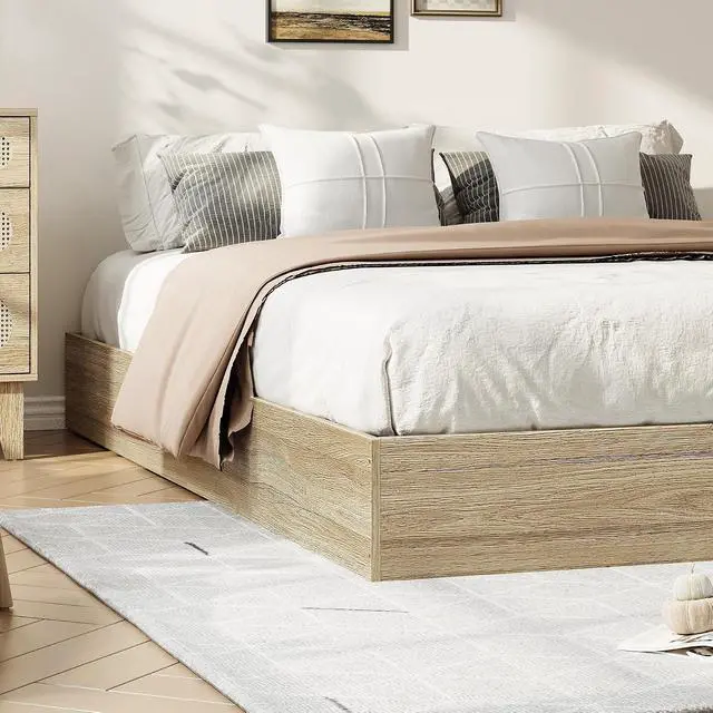 Alt view image 2 of 7 - Patikuin Queen Size Wood Platform Bed Frame, Low Profile Floor Bed Frame with Wooden Slat Support, Minimalist Flat Bed Box Foundation, Noise-Free & Easy Assembly