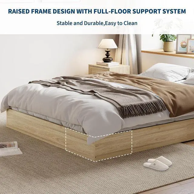 Alt view image 4 of 7 - Patikuin Queen Size Wood Platform Bed Frame, Low Profile Floor Bed Frame with Wooden Slat Support, Minimalist Flat Bed Box Foundation, Noise-Free & Easy Assembly