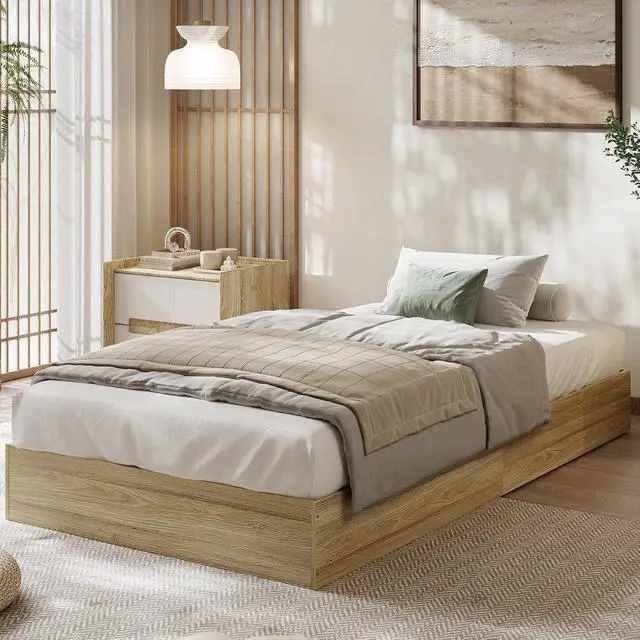 Alt view image 5 of 7 - Patikuin Queen Size Wood Platform Bed Frame, Low Profile Floor Bed Frame with Wooden Slat Support, Minimalist Flat Bed Box Foundation, Noise-Free & Easy Assembly