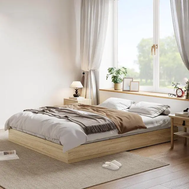Alt view image 6 of 7 - Patikuin Queen Size Wood Platform Bed Frame, Low Profile Floor Bed Frame with Wooden Slat Support, Minimalist Flat Bed Box Foundation, Noise-Free & Easy Assembly