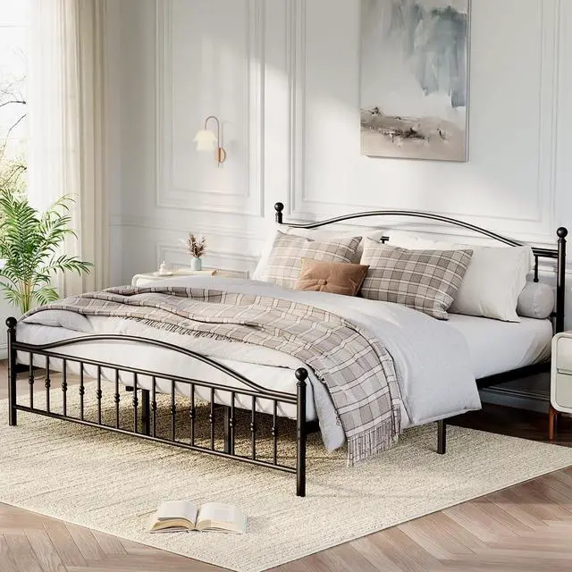 Main image of Patikuin Metal Bed Frame Queen Size, Iron Platform Bed with Beaded Headboard and Footboard, No Box Spring Needed, Heavy Duty Metal Slat Support, Noise Free, Easy Assembly, Black