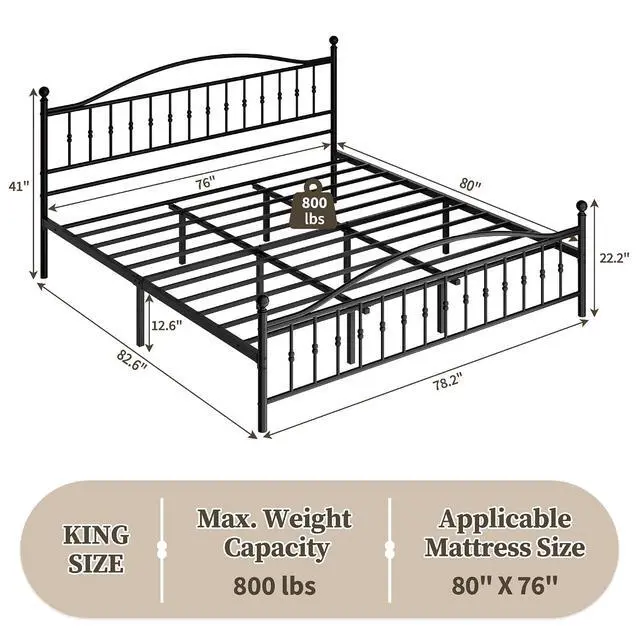 Alt view image 2 of 7 - Patikuin Metal Bed Frame Queen Size, Iron Platform Bed with Beaded Headboard and Footboard, No Box Spring Needed, Heavy Duty Metal Slat Support, Noise Free, Easy Assembly, Black