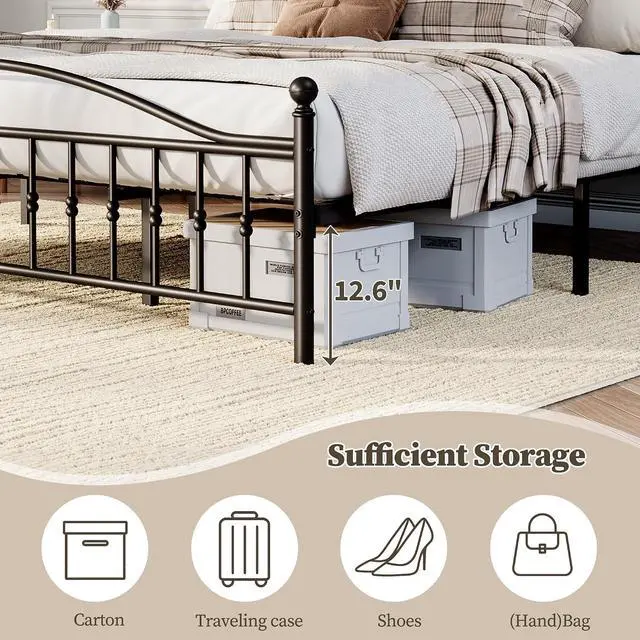 Alt view image 4 of 7 - Patikuin Metal Bed Frame Queen Size, Iron Platform Bed with Beaded Headboard and Footboard, No Box Spring Needed, Heavy Duty Metal Slat Support, Noise Free, Easy Assembly, Black