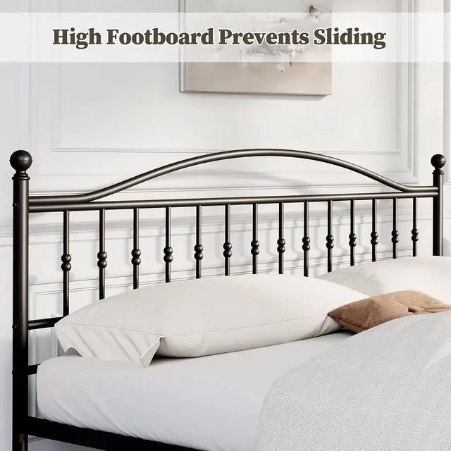 Alt view image 5 of 7 - Patikuin Metal Bed Frame Queen Size, Iron Platform Bed with Beaded Headboard and Footboard, No Box Spring Needed, Heavy Duty Metal Slat Support, Noise Free, Easy Assembly, Black