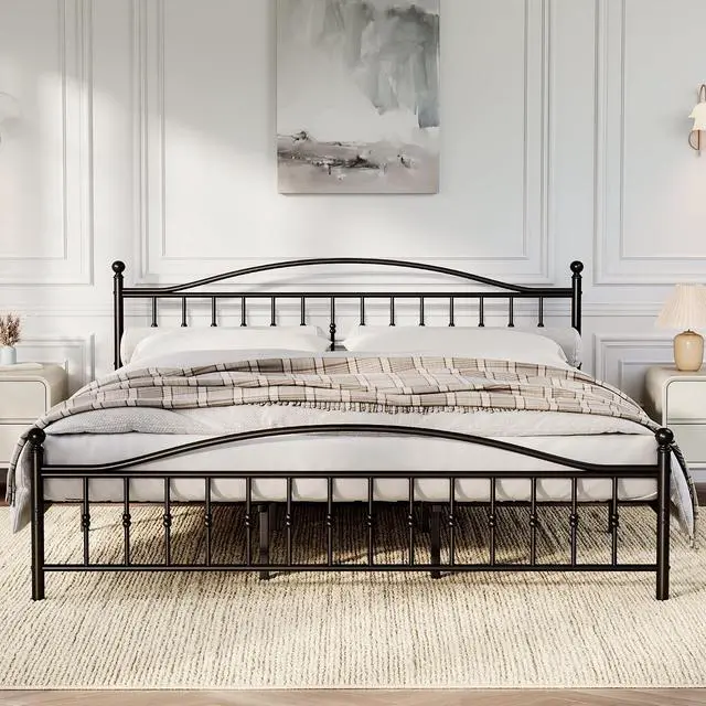 Alt view image 3 of 7 - Patikuin Metal Bed Frame Queen Size, Iron Platform Bed with Beaded Headboard and Footboard, No Box Spring Needed, Heavy Duty Metal Slat Support, Noise Free, Easy Assembly, Black
