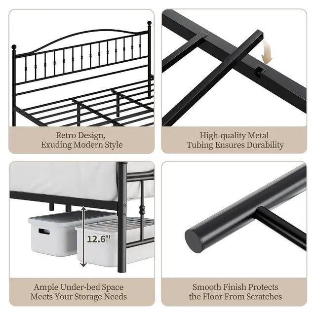 Alt view image 7 of 7 - Patikuin Metal Bed Frame Queen Size, Iron Platform Bed with Beaded Headboard and Footboard, No Box Spring Needed, Heavy Duty Metal Slat Support, Noise Free, Easy Assembly, Black