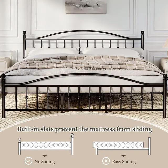 Alt view image 6 of 7 - Patikuin Metal Bed Frame Queen Size, Iron Platform Bed with Beaded Headboard and Footboard, No Box Spring Needed, Heavy Duty Metal Slat Support, Noise Free, Easy Assembly, Black