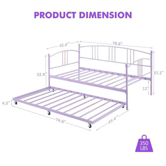Alt view image 2 of 7 - Patikuin Twin Daybed with Trundle, Metal Day Bed Frame Twin Size with Pullout Trundle on Wheels, Space-Saving Sofa Bed for Living Room, Bedroom, Guest Room, No Box Spring Needed