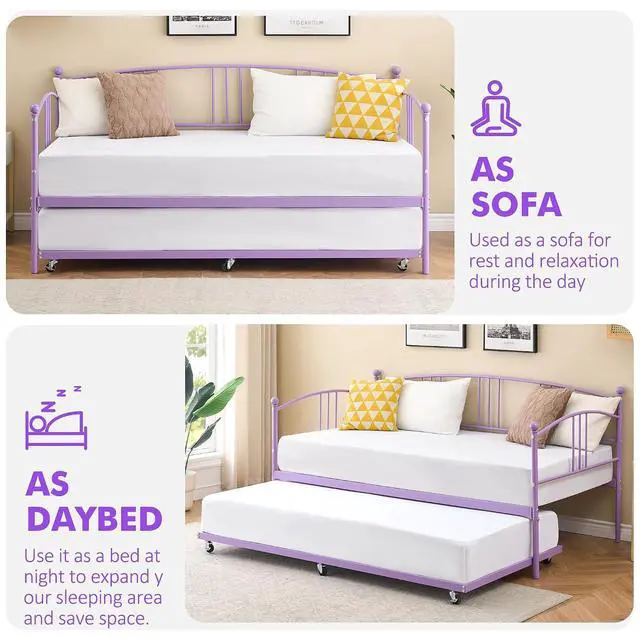 Alt view image 6 of 7 - Patikuin Twin Daybed with Trundle, Metal Day Bed Frame Twin Size with Pullout Trundle on Wheels, Space-Saving Sofa Bed for Living Room, Bedroom, Guest Room, No Box Spring Needed