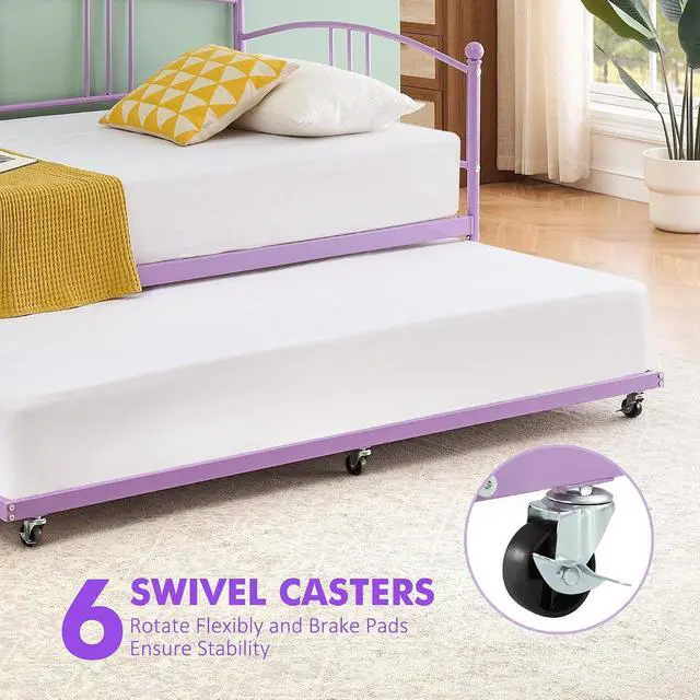 Alt view image 5 of 7 - Patikuin Twin Daybed with Trundle, Metal Day Bed Frame Twin Size with Pullout Trundle on Wheels, Space-Saving Sofa Bed for Living Room, Bedroom, Guest Room, No Box Spring Needed