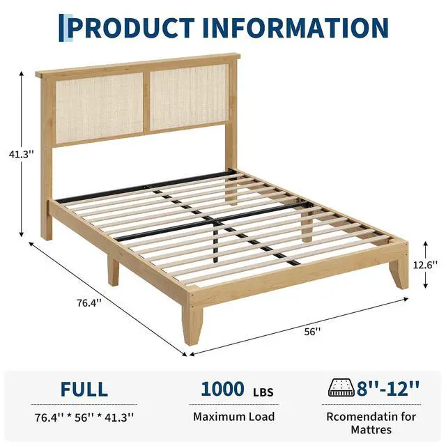 Alt view image 2 of 7 - Patikuin King Size Rattan Bed Frame with LED Lights, Bohemian Platform Bed Frame King with Natural Grass Rattan Headboard, Wooden Legs, No Box Spring Needed, Easy Assembly