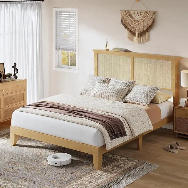 Main image of Patikuin King Size Rattan Bed Frame with LED Lights, Bohemian Platform Bed Frame King with Natural Grass Rattan Headboard, Wooden Legs, No Box Spring Needed, Easy Assembly