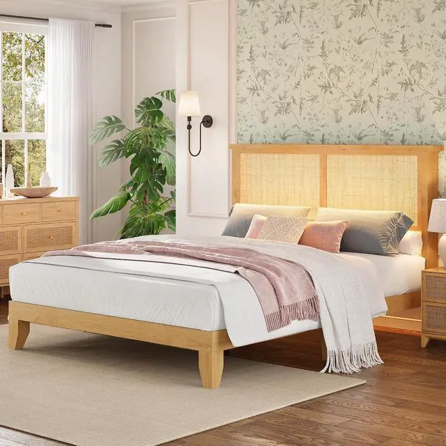 Alt view image 6 of 7 - Patikuin King Size Rattan Bed Frame with LED Lights, Bohemian Platform Bed Frame King with Natural Grass Rattan Headboard, Wooden Legs, No Box Spring Needed, Easy Assembly