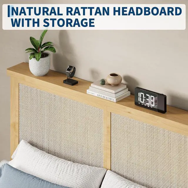 Alt view image 5 of 7 - Patikuin King Size Rattan Bed Frame with LED Lights, Bohemian Platform Bed Frame King with Natural Grass Rattan Headboard, Wooden Legs, No Box Spring Needed, Easy Assembly