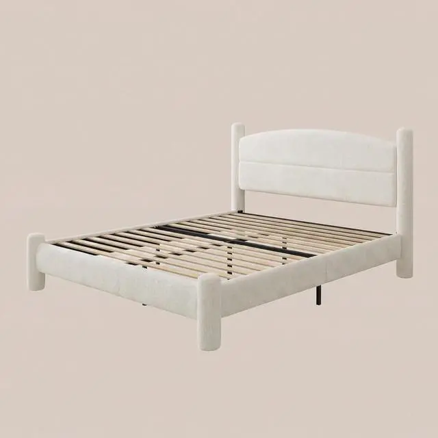 Main image of Patikuin Boucle Upholstered Bed Frame, Queen Size Platform Bed with Curved Headboard, 1000 Lbs Capacity, No Box Spring Needed, White