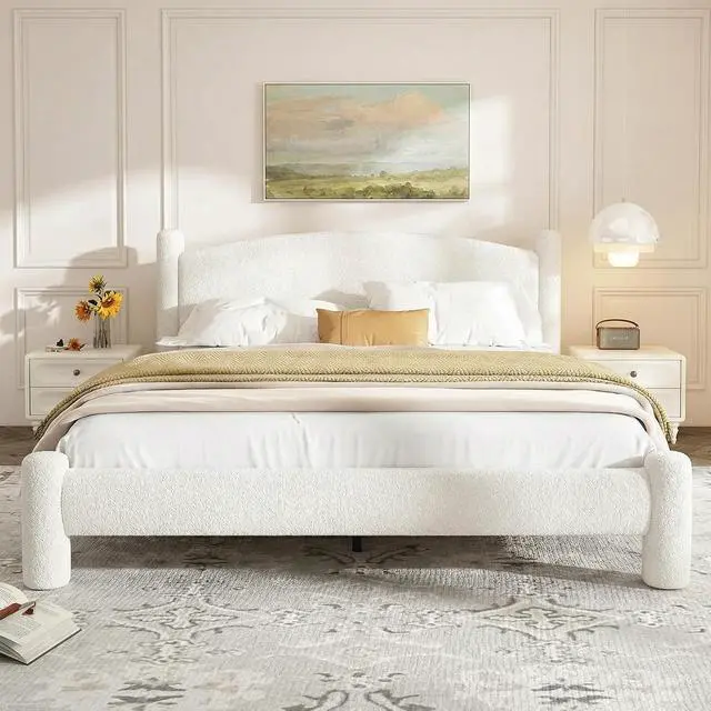 Alt view image 2 of 7 - Patikuin Boucle Upholstered Bed Frame, Queen Size Platform Bed with Curved Headboard, 1000 Lbs Capacity, No Box Spring Needed, White