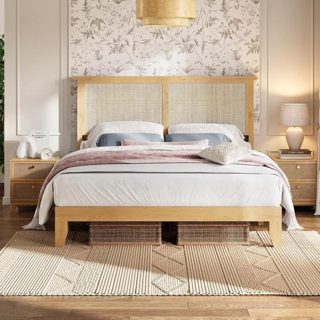 Alt view image 7 of 7 - Patikuin King Size Rattan Bed Frame with LED Lights, Bohemian Platform Bed Frame King with Natural Grass Rattan Headboard, Wooden Legs, No Box Spring Needed, Easy Assembly