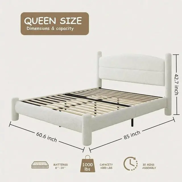Alt view image 3 of 7 - Patikuin Boucle Upholstered Bed Frame, Queen Size Platform Bed with Curved Headboard, 1000 Lbs Capacity, No Box Spring Needed, White
