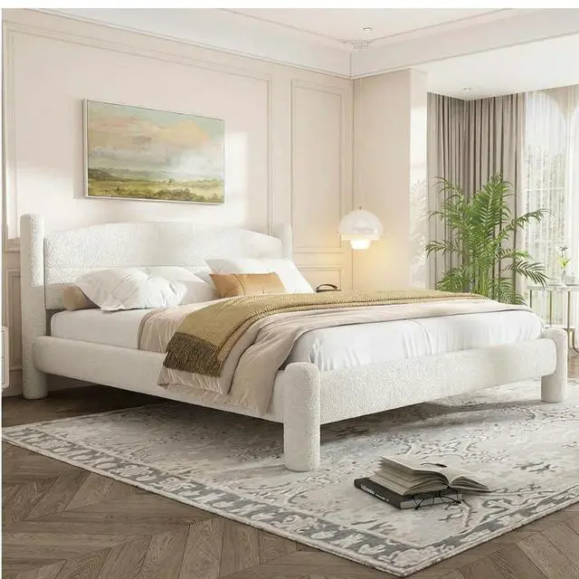 Alt view image 5 of 7 - Patikuin Boucle Upholstered Bed Frame, Queen Size Platform Bed with Curved Headboard, 1000 Lbs Capacity, No Box Spring Needed, White