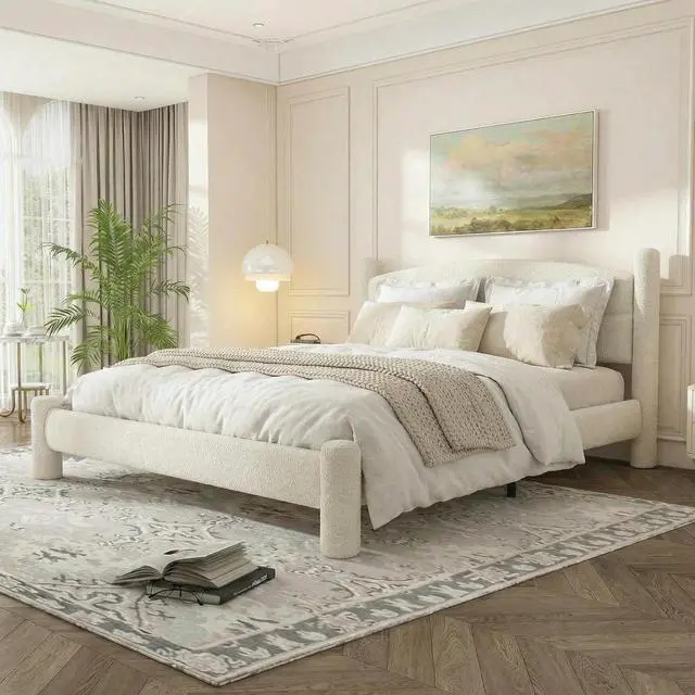 Alt view image 5 of 7 - Patikuin Boucle Upholstered Bed Frame, Full Size Platform Bed with Curved Headboard, 1000 Lbs Capacity, No Box Spring Needed, White