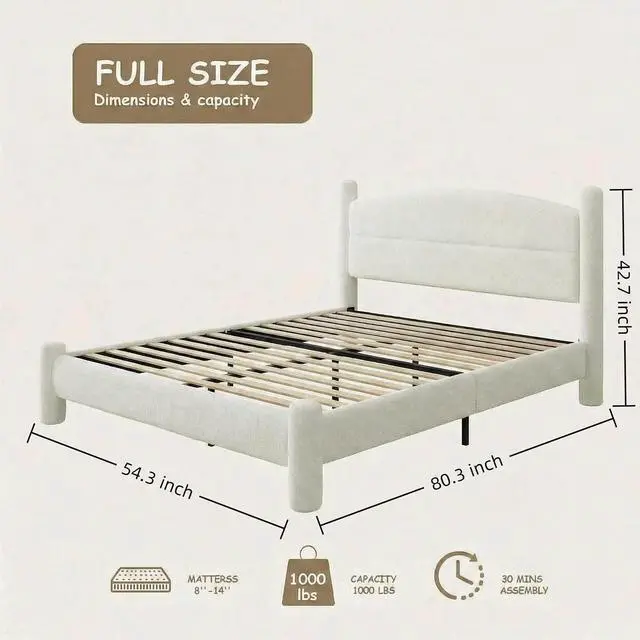 Alt view image 3 of 7 - Patikuin Boucle Upholstered Bed Frame, Full Size Platform Bed with Curved Headboard, 1000 Lbs Capacity, No Box Spring Needed, White
