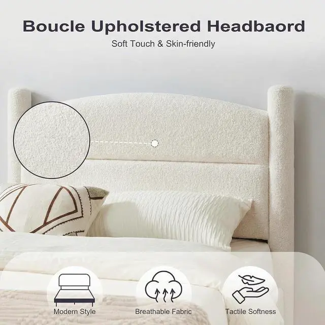 Alt view image 6 of 7 - Patikuin Boucle Upholstered Bed Frame, Queen Size Platform Bed with Curved Headboard, 1000 Lbs Capacity, No Box Spring Needed, White