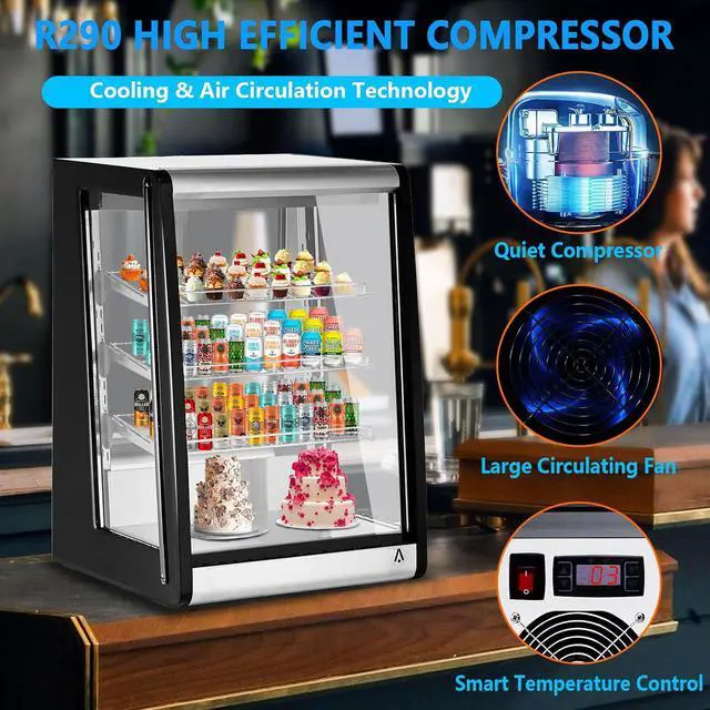 Alt view image 2 of 7 - Patikuin 5.2 Cu.Ft Commercial Countertop Cake Display Refrigerator, Double-Layer Tempered Glass with LED Lighting, Digital Temperature Control, Adjustable Shelves, Black