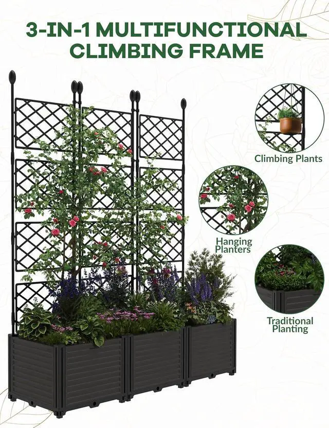 Alt view image 4 of 7 - Patikuin 3-Section Sturdy Weather-Resistant Raised Garden Bed with Metal Trellis, Vertical Modular Planter Box & Privacy Screen for Climbing Plants, Vegetables, Flowers