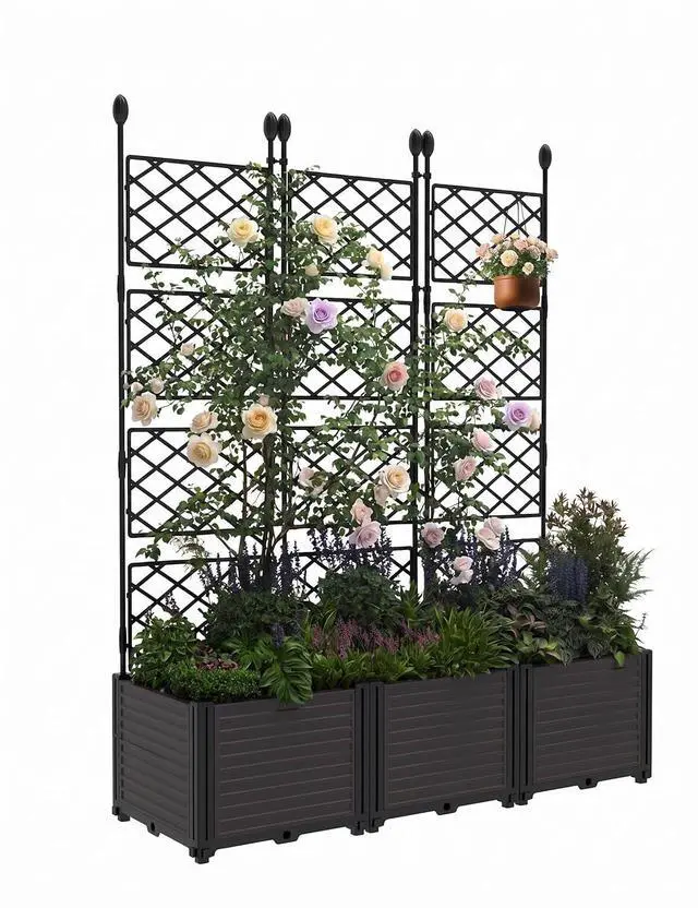 Main image of Patikuin 3-Section Sturdy Weather-Resistant Raised Garden Bed with Metal Trellis, Vertical Modular Planter Box & Privacy Screen for Climbing Plants, Vegetables, Flowers