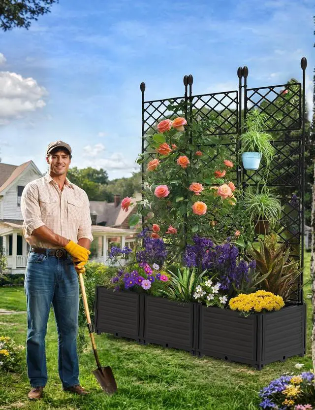 Alt view image 6 of 7 - Patikuin 3-Section Sturdy Weather-Resistant Raised Garden Bed with Metal Trellis, Vertical Modular Planter Box & Privacy Screen for Climbing Plants, Vegetables, Flowers