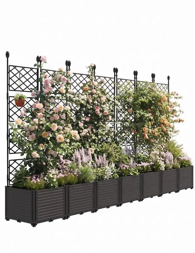 Main image of Patikuin 7-Section Sturdy Weather-Resistant Raised Garden Bed with Metal Trellis, Vertical Modular Planter Box & Privacy Screen for Climbing Plants, Vegetables, Flowers