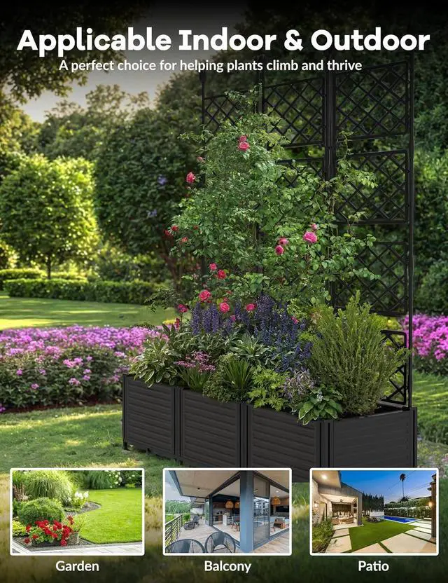 Alt view image 7 of 7 - Patikuin 3-Section Sturdy Weather-Resistant Raised Garden Bed with Metal Trellis, Vertical Modular Planter Box & Privacy Screen for Climbing Plants, Vegetables, Flowers