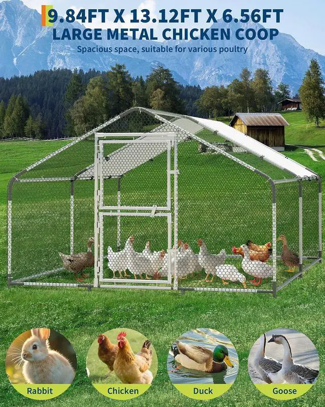 Alt view image 3 of 7 - Patikuin 13 FT Heavy-Duty Outdoor Metal Chicken Coop, Walk-in Poultry Cage with Split Door, Waterproof PE Tarp, Escape-Proof Hex Wire Mesh for 10-15 Chickens