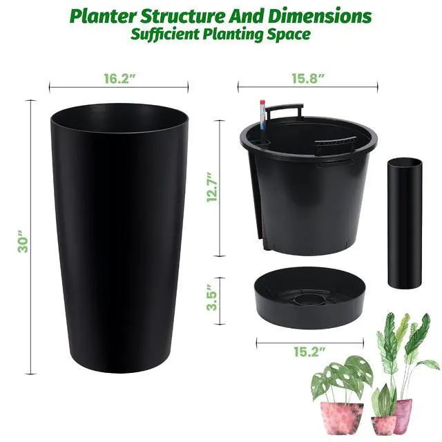 Alt view image 2 of 6 - Patikuin Set of 2 Tall Outdoor Planters, 30" Large Self-Watering Plant Pots with Water Level Monitor & Inner Bucket, Automatic Watering for Porch Patio Backyard Home Decor
