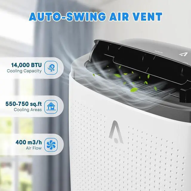 Alt view image 3 of 7 - 14000 BTU Portable Air Conditioners for Room Cooling Up to 750 Sq. Ft, 3 In 1 Mobile Indoor AC Units with Dehumidifier & Fan, Remote Control, Sleep Mode, 24H Timer, Window Vent Kit (White+Gray)