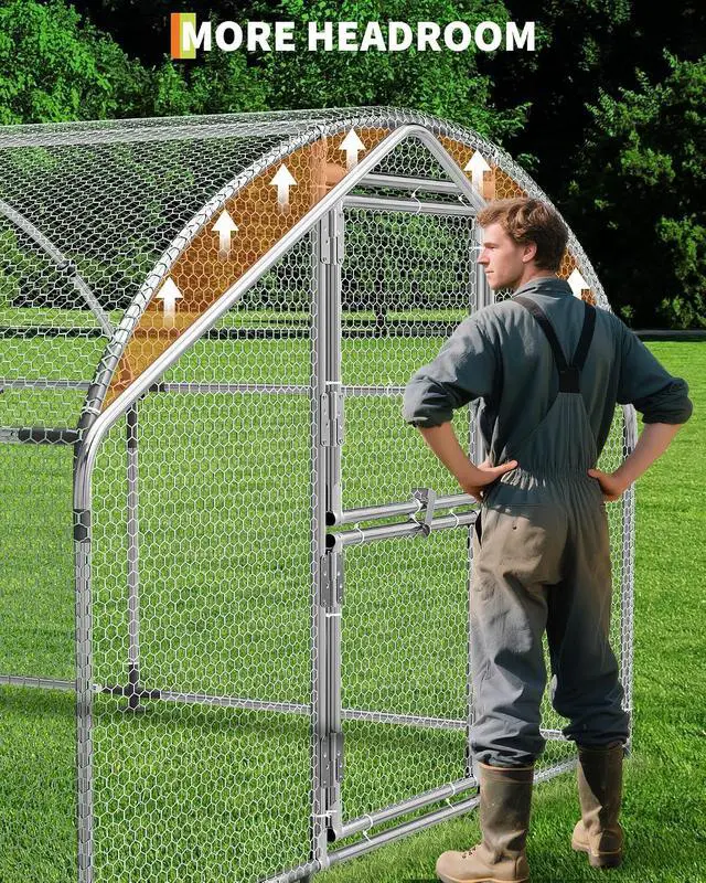 Alt view image 4 of 7 - Patikuin 13 FT Heavy-Duty Outdoor Metal Chicken Coop, Walk-in Poultry Cage with Split Door, Waterproof PE Tarp, Escape-Proof Hex Wire Mesh for 10-15 Chickens