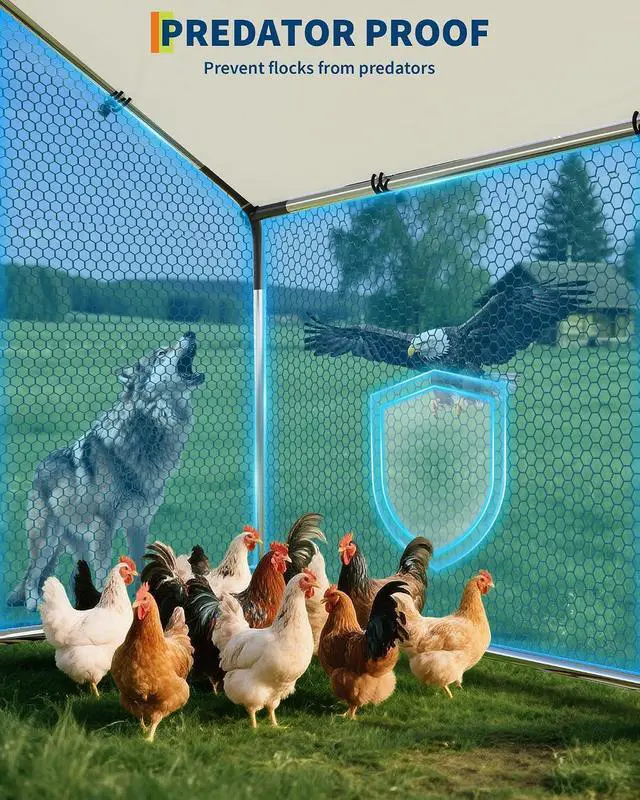 Alt view image 2 of 7 - Patikuin 13 FT Heavy-Duty Outdoor Metal Chicken Coop, Walk-in Poultry Cage with Split Door, Waterproof PE Tarp, Escape-Proof Hex Wire Mesh for 10-15 Chickens