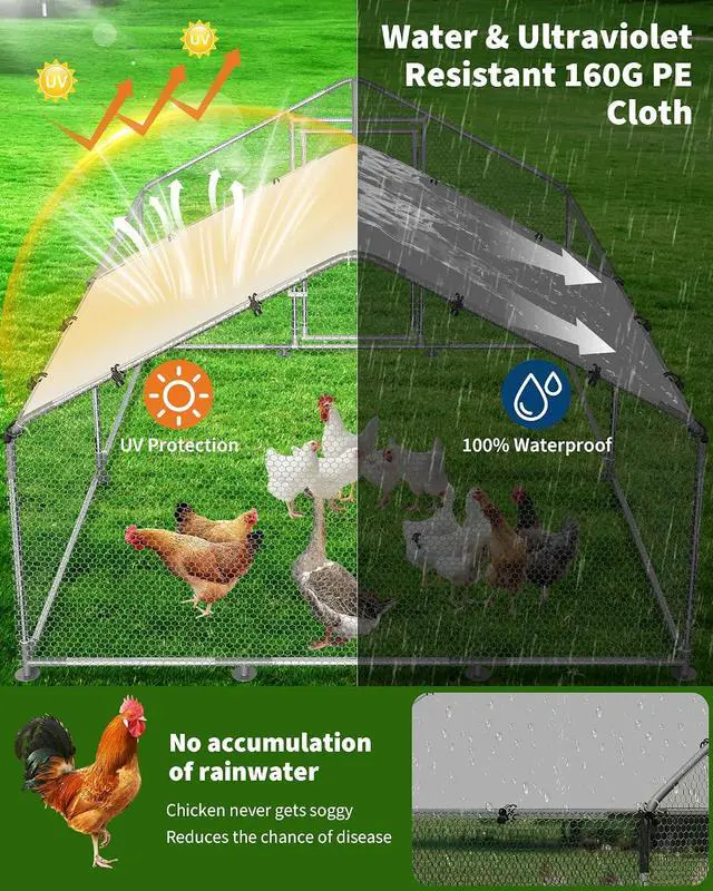Alt view image 6 of 7 - Patikuin 13 FT Heavy-Duty Outdoor Metal Chicken Coop, Walk-in Poultry Cage with Split Door, Waterproof PE Tarp, Escape-Proof Hex Wire Mesh for 10-15 Chickens