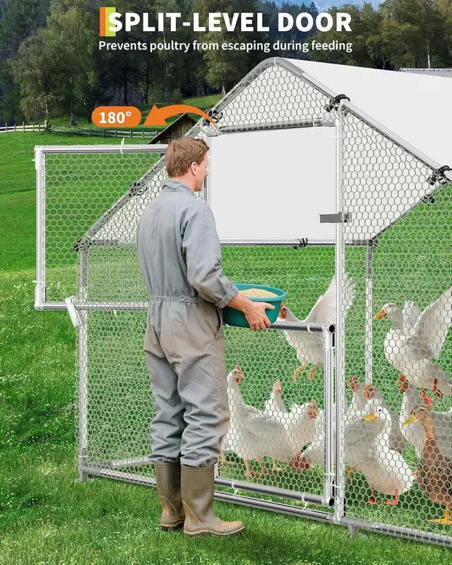 Alt view image 5 of 7 - Patikuin 13 FT Heavy-Duty Outdoor Metal Chicken Coop, Walk-in Poultry Cage with Split Door, Waterproof PE Tarp, Escape-Proof Hex Wire Mesh for 10-15 Chickens