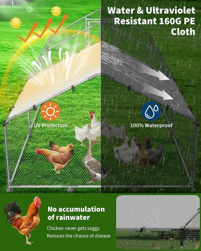 Alt view image 5 of 7 - Patikuin 20 FT Heavy-Duty Outdoor Metal Chicken Coop, Walk-in Poultry Cage with Split Door, Waterproof PE Tarp, Escape-Proof Hex Wire Mesh for 10-15 Chickens