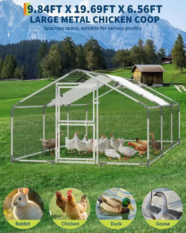 Alt view image 3 of 7 - Patikuin 20 FT Heavy-Duty Outdoor Metal Chicken Coop, Walk-in Poultry Cage with Split Door, Waterproof PE Tarp, Escape-Proof Hex Wire Mesh for 10-15 Chickens