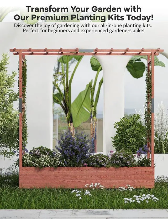Alt view image 2 of 7 - Patikuin 72" Elevated Wooden Raised Garden Bed with Trellis & Canopy, Freestanding Planter Box with Side Supports & Drainage Holes, Large Vertical Planter for Climbing Plants, Vines, Flowers, Patio