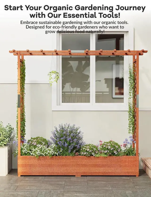 Alt view image 3 of 7 - Patikuin 72" Elevated Wooden Raised Garden Bed with Trellis & Canopy, Freestanding Planter Box with Side Supports & Drainage Holes, Large Vertical Planter for Climbing Plants, Vines, Flowers, Patio